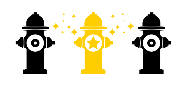 Three icons resembling fire hydrants. The outer two are black, the middle one is yellow with sparkles and a star.